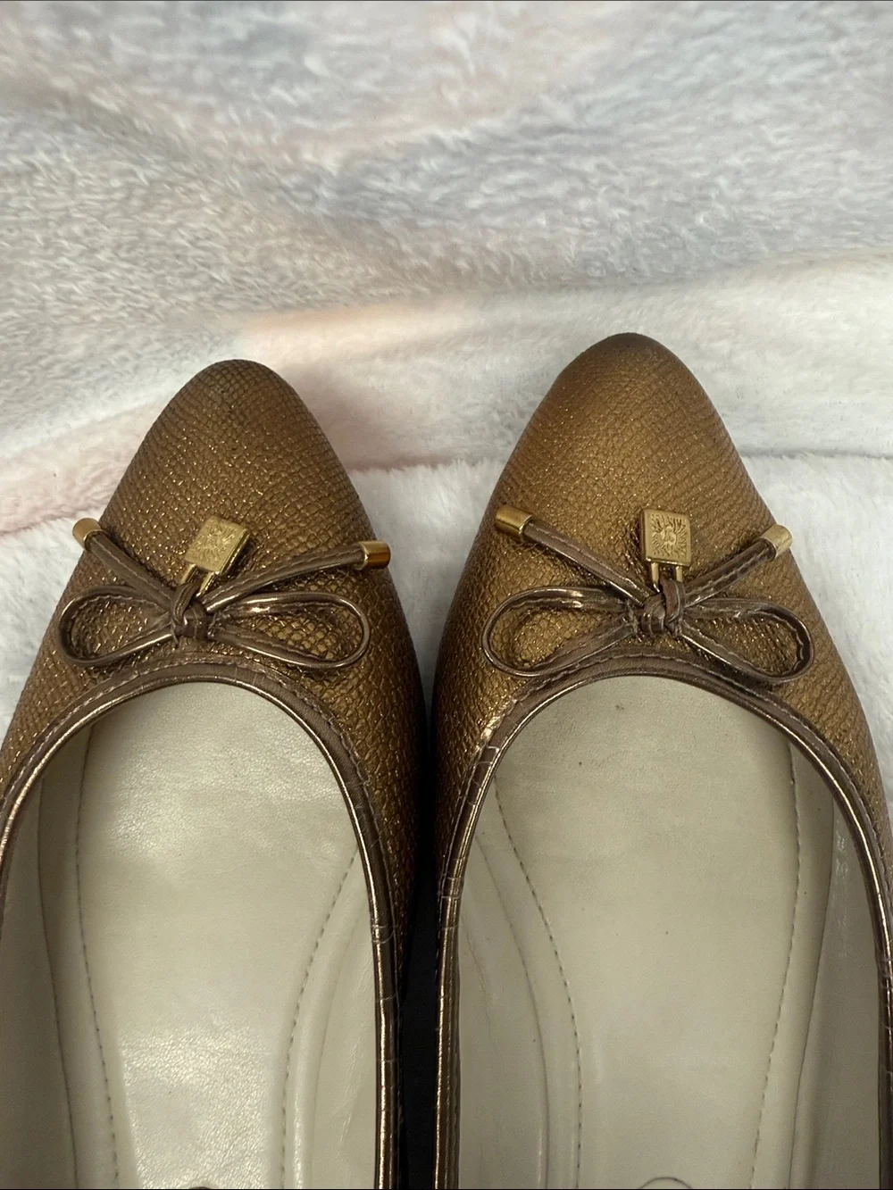 Anne Klein Metallic Bronze Pointed Ballet Flats with Bow
